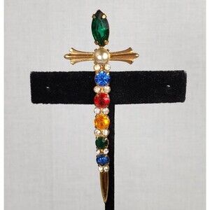 Vintage Sterling GF Vermeil Multicolor Rhinestone Sword Dagger Pin Brooch